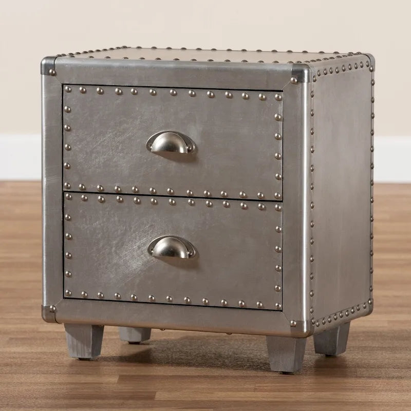 French Industrial Silver Metal 2-Drawer End Table