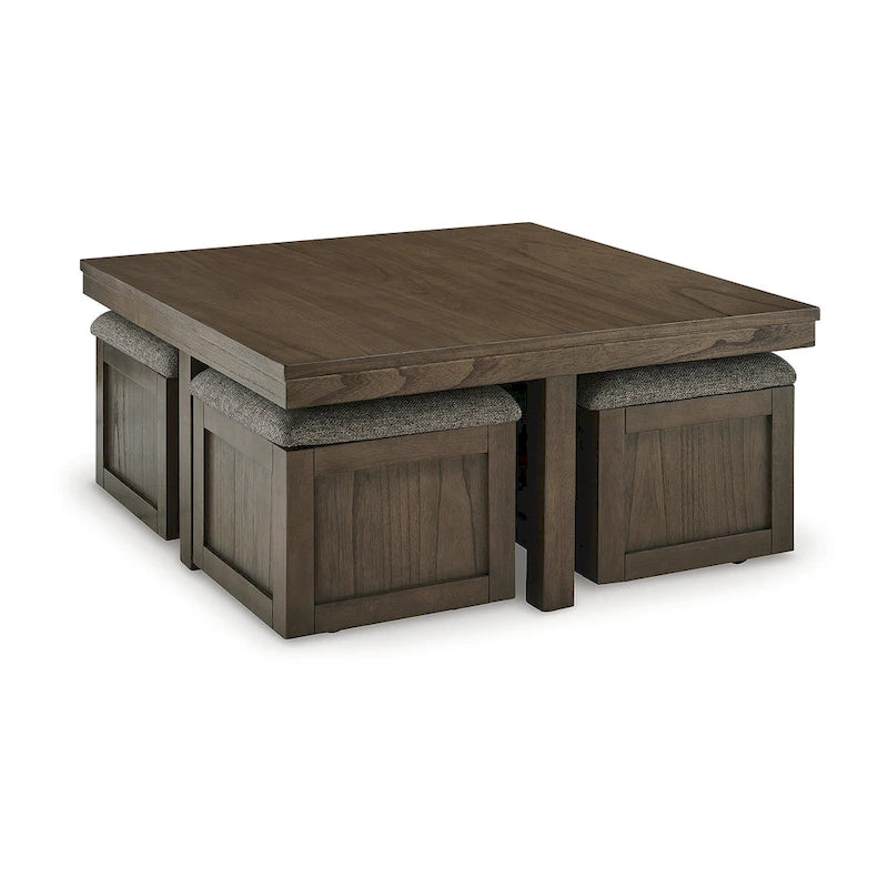 Coffee Table with 4 Caster Stools and Hidden Storage – 40W x 40D x 18H in, Acacia Veneer