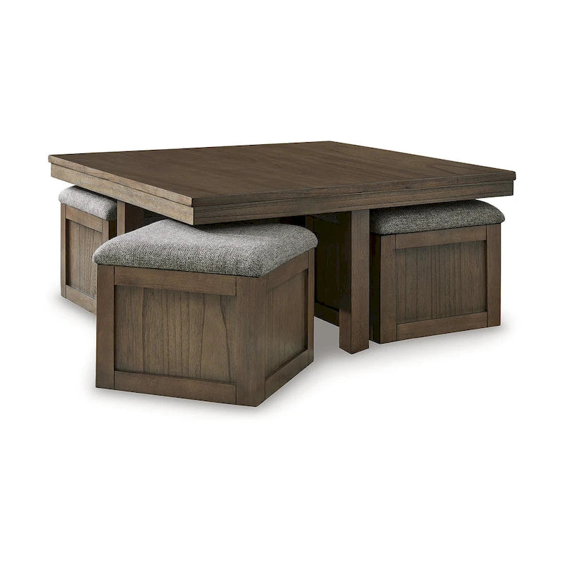 Coffee Table with 4 Caster Stools and Hidden Storage – 40W x 40D x 18H in, Acacia Veneer