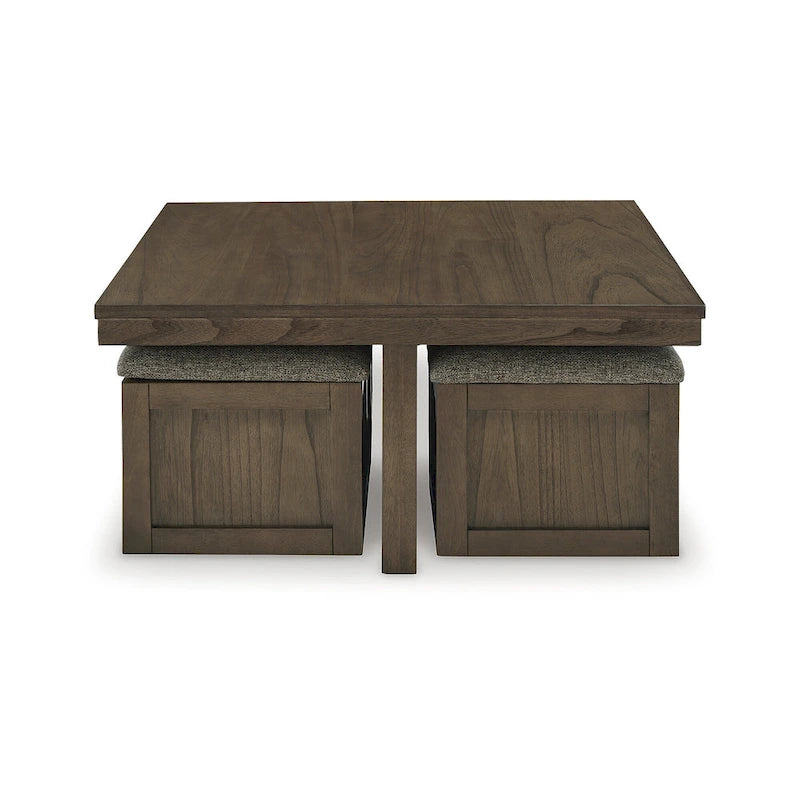 Coffee Table with 4 Caster Stools and Hidden Storage – 40W x 40D x 18H in, Acacia Veneer