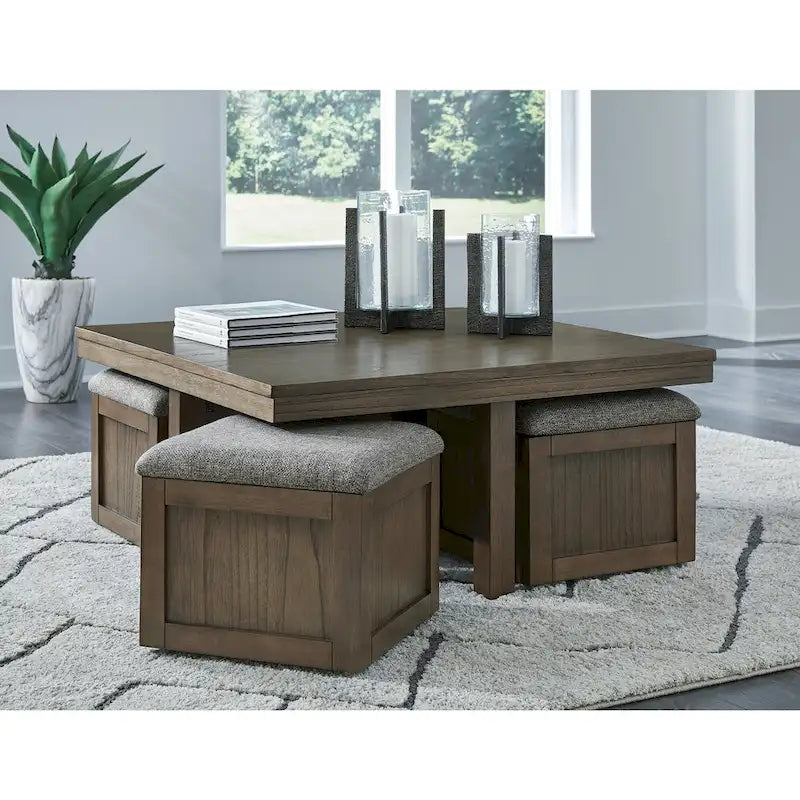 Coffee Table with 4 Caster Stools and Hidden Storage – 40W x 40D x 18H in, Acacia Veneer