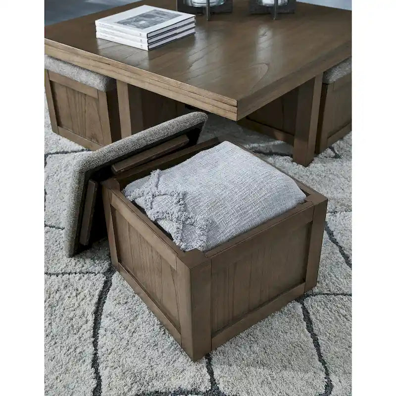 Coffee Table with 4 Caster Stools and Hidden Storage – 40W x 40D x 18H in, Acacia Veneer
