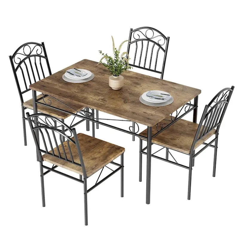 Rectangular Dining Table Set with 4 Chairs – Vintage Brown, Wood & Metal Frame