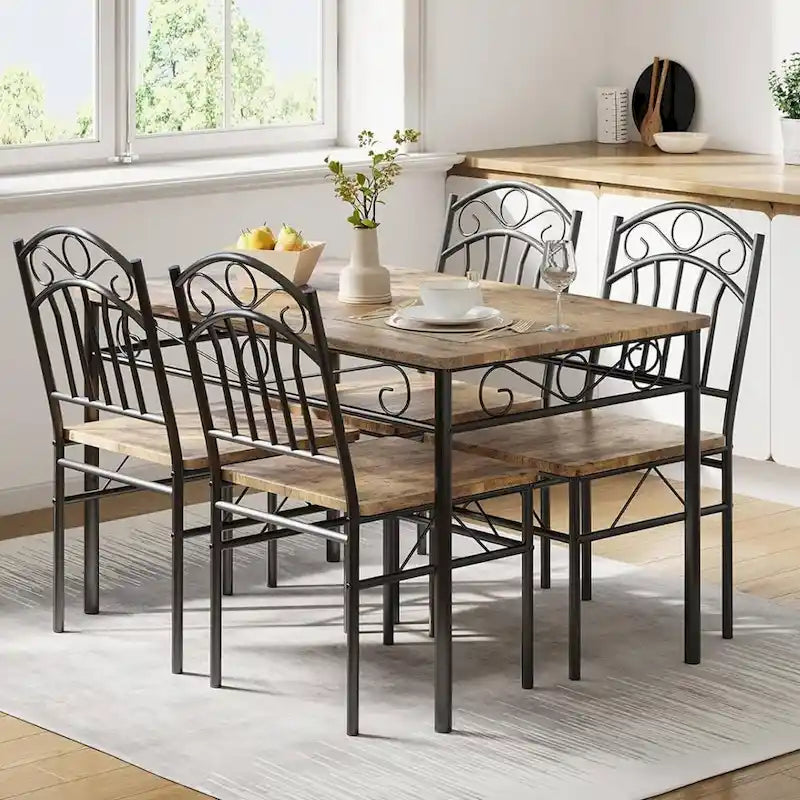 Rectangular Dining Table Set with 4 Chairs – Vintage Brown, Wood & Metal Frame