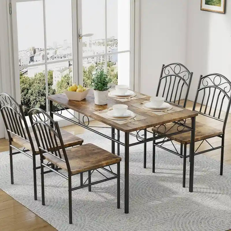 Rectangular Dining Table Set with 4 Chairs – Vintage Brown, Wood & Metal Frame