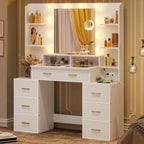 Makeup Vanity Table with Glass Top, 10x Magnifying Mirror, LED Lights & Charging Station