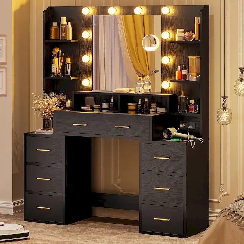 Makeup Vanity Table with Glass Top, 10x Magnifying Mirror, LED Lights & Charging Station