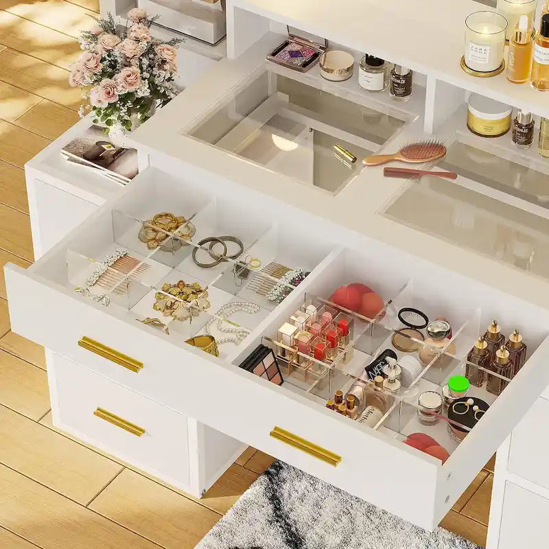 Makeup Vanity Table with Glass Top, 10x Magnifying Mirror, LED Lights & Charging Station