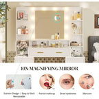 Makeup Vanity Table with Glass Top, 10x Magnifying Mirror, LED Lights & Charging Station