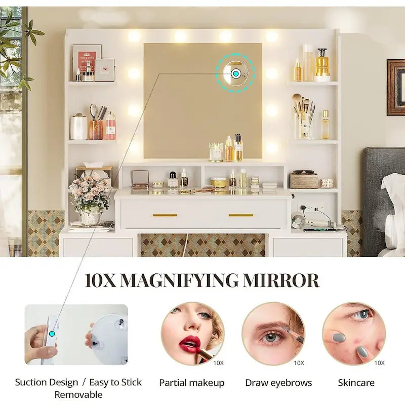 Makeup Vanity Table with Glass Top, 10x Magnifying Mirror, LED Lights & Charging Station