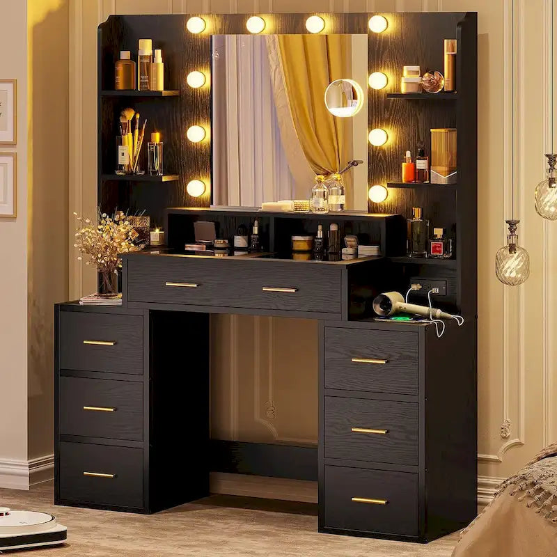 Makeup Vanity Table with Glass Top, 10x Magnifying Mirror, LED Lights & Charging Station