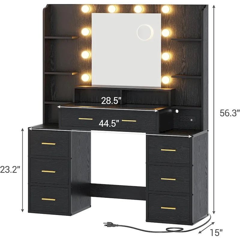 Makeup Vanity Table with Glass Top, 10x Magnifying Mirror, LED Lights & Charging Station