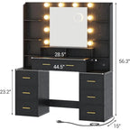 Makeup Vanity Table with Glass Top, 10x Magnifying Mirror, LED Lights & Charging Station