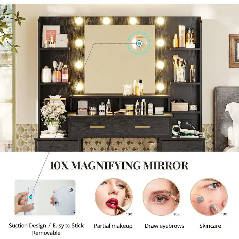 Makeup Vanity Table with Glass Top, 10x Magnifying Mirror, LED Lights & Charging Station