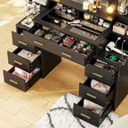 Makeup Vanity Table with Glass Top, 10x Magnifying Mirror, LED Lights & Charging Station