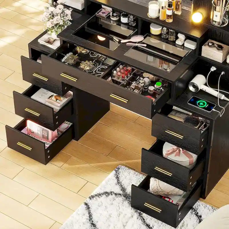 Makeup Vanity Table with Glass Top, 10x Magnifying Mirror, LED Lights & Charging Station