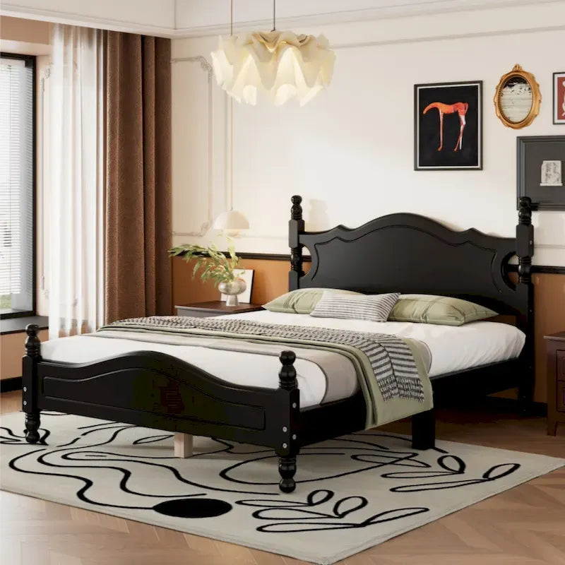 Full Size Wood Platform Bed Frame with Wooden Slat Support – Retro Style