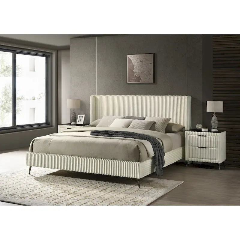 Wide Wale Corduroy Upholstery Panel Bed with 2 Nightstands, Cream