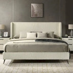 Wide Wale Corduroy Upholstery Panel Bed with 2 Nightstands, Cream