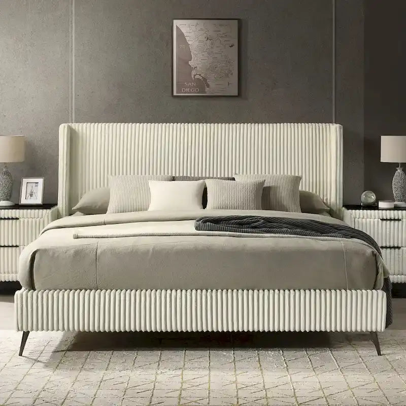 Wide Wale Corduroy Upholstery Panel Bed with 2 Nightstands, Cream