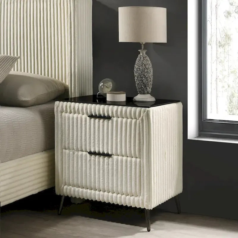 Wide Wale Corduroy Upholstery Panel Bed with 2 Nightstands, Cream