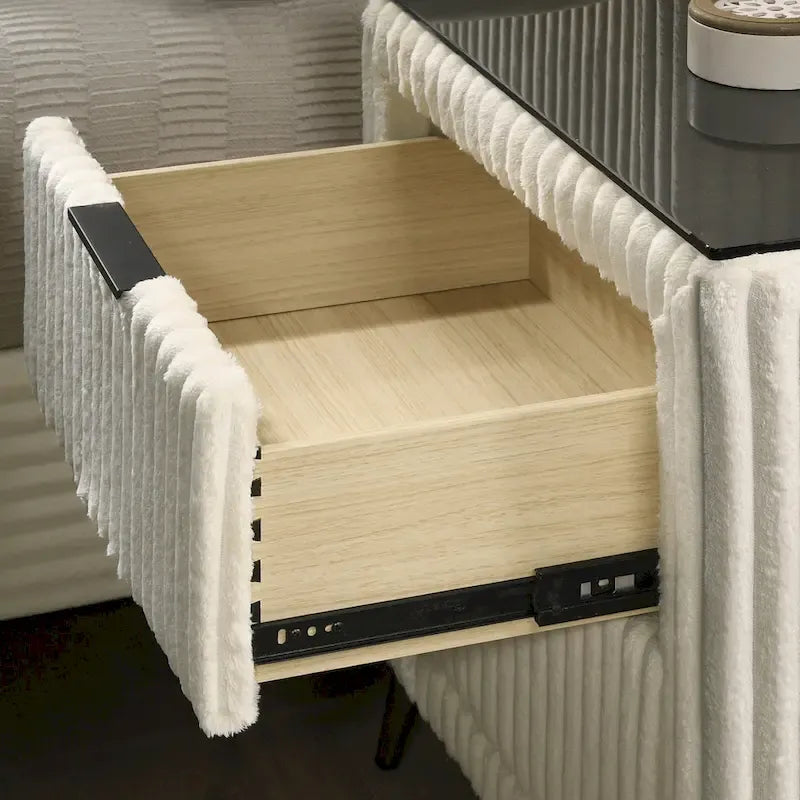 Wide Wale Corduroy Upholstery Panel Bed with 2 Nightstands, Cream