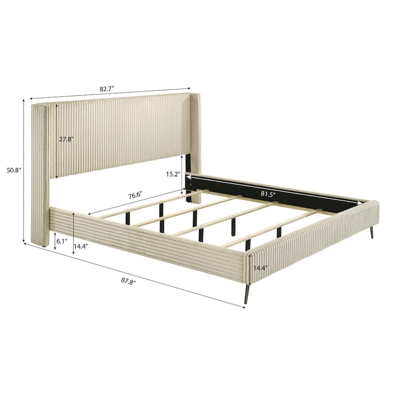 Wide Wale Corduroy Upholstery Panel Bed with 2 Nightstands, Cream