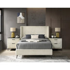 Wide Wale Corduroy Upholstery Panel Bed with 2 Nightstands, Cream