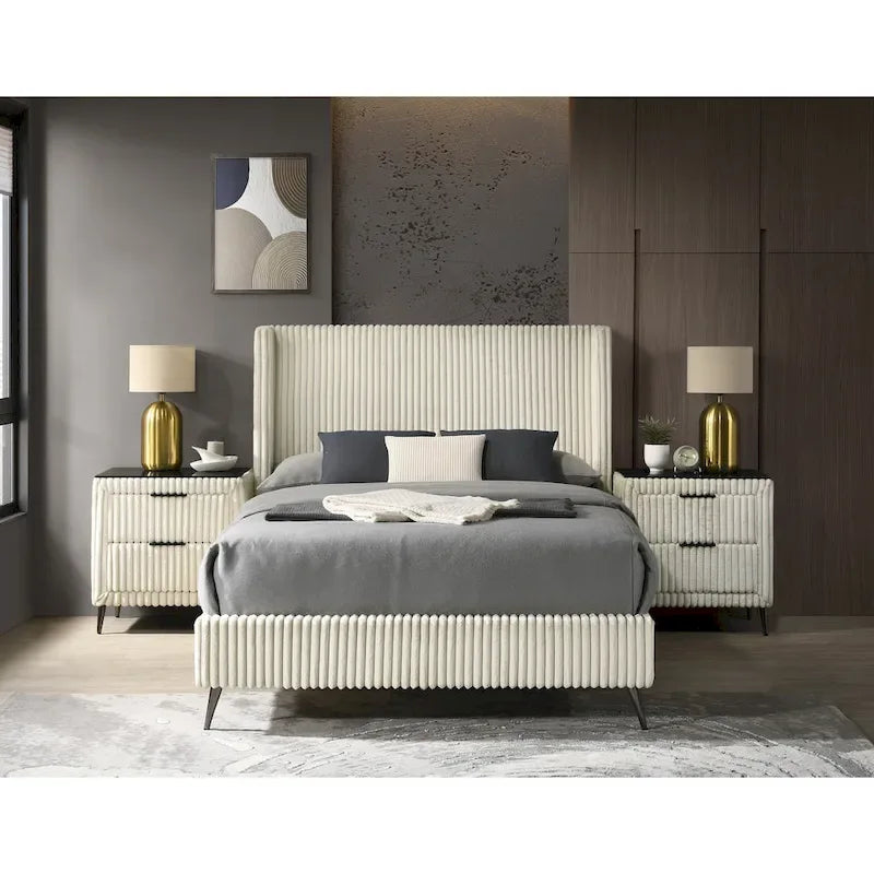 Wide Wale Corduroy Upholstery Panel Bed with 2 Nightstands, Cream