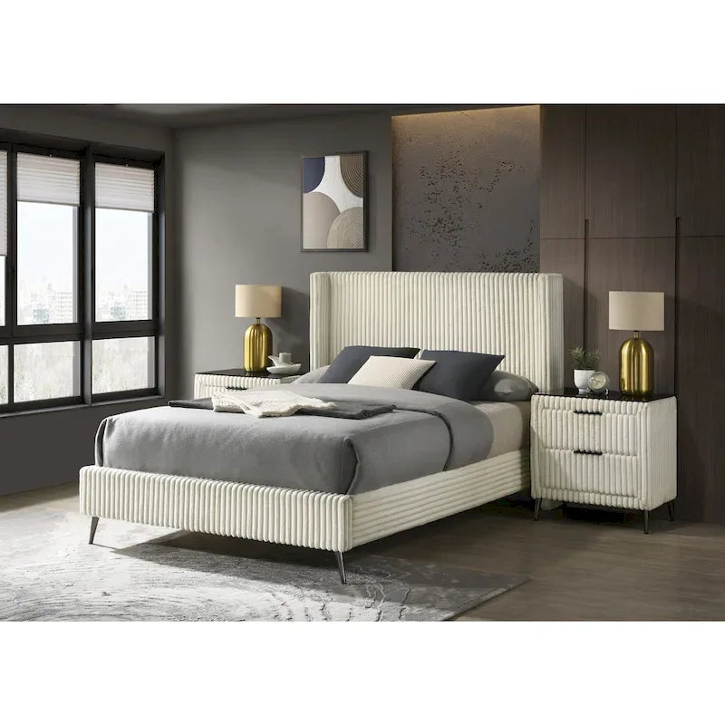 Wide Wale Corduroy Upholstery Panel Bed with 2 Nightstands, Cream
