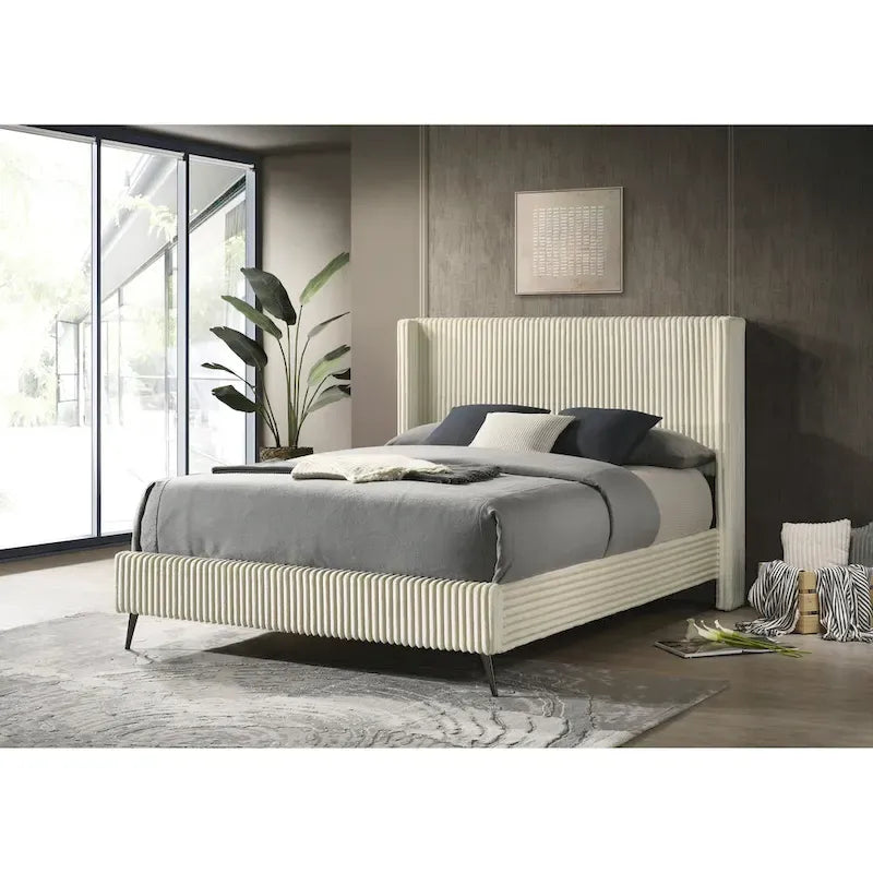 Wide Wale Corduroy Upholstery Panel Bed with 2 Nightstands, Cream