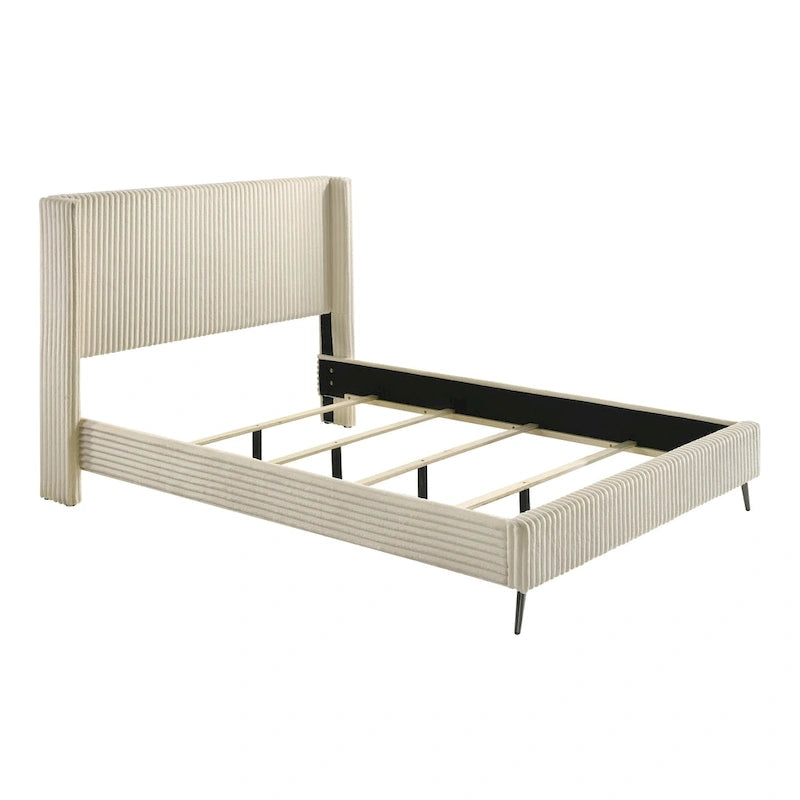 Wide Wale Corduroy Upholstery Panel Bed with 2 Nightstands, Cream