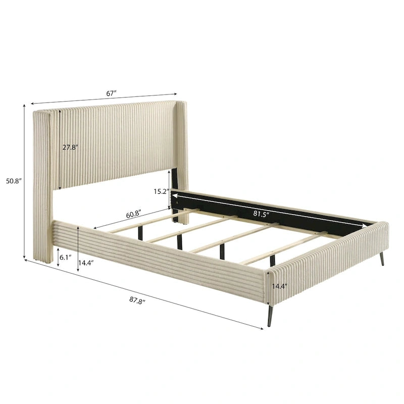 Wide Wale Corduroy Upholstery Panel Bed with 2 Nightstands, Cream