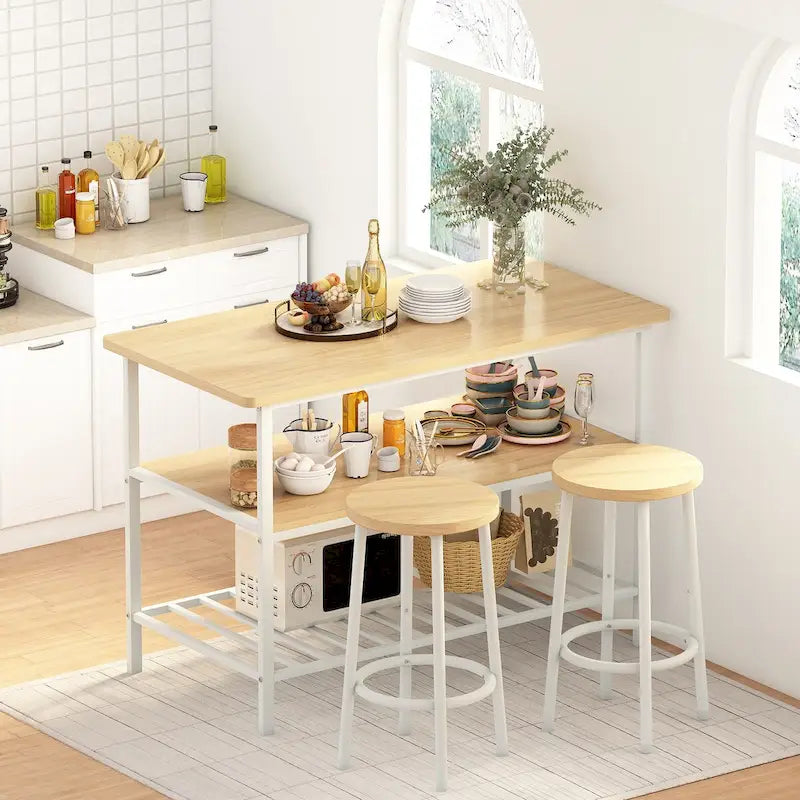 Kitchen Island with 2 Stools and Open Shelves