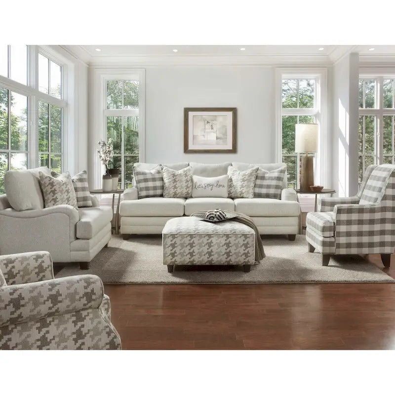 Buffalo Check Accent Armchair – Off-White & Grey Plaid, Hardwood Frame, Foam Cushion