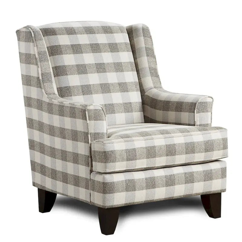 Buffalo Check Accent Armchair – Off-White & Grey Plaid, Hardwood Frame, Foam Cushion