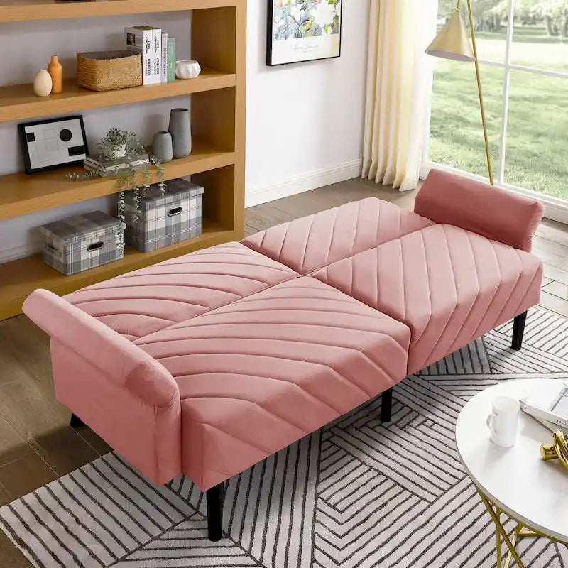 Velvet Convertible Sofa Bed with Adjustable Armrests – Sleeper Area 87W x 39.5D in