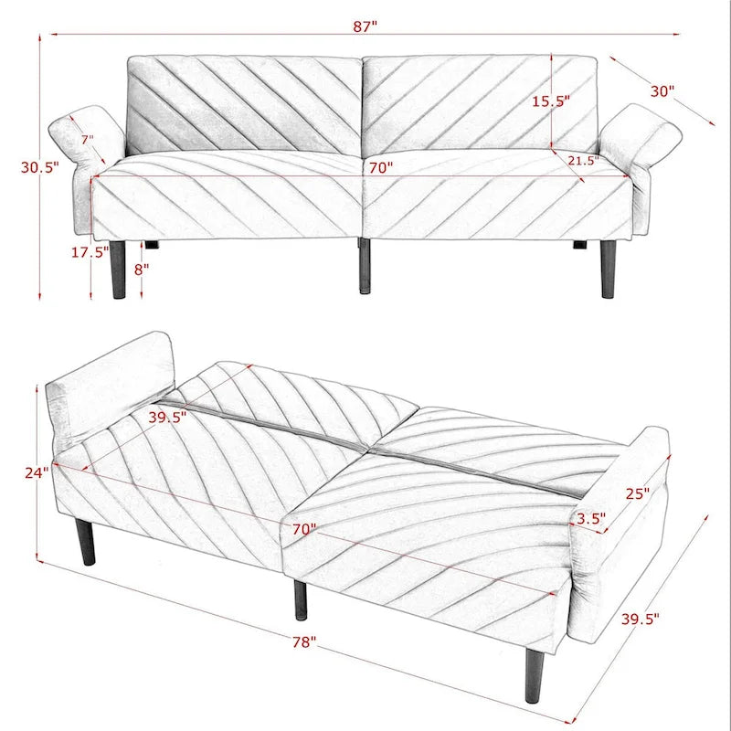 Velvet Convertible Sofa Bed with Adjustable Armrests – Sleeper Area 87W x 39.5D in