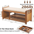 2-Tier Bamboo Shoe Bench with Cushion and Hidden Drawer – 39.4L x 19.7W x 11.8H in