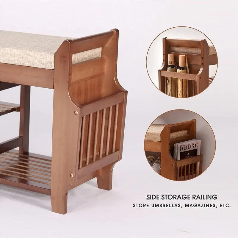 2-Tier Bamboo Shoe Bench with Cushion and Hidden Drawer – 39.4L x 19.7W x 11.8H in