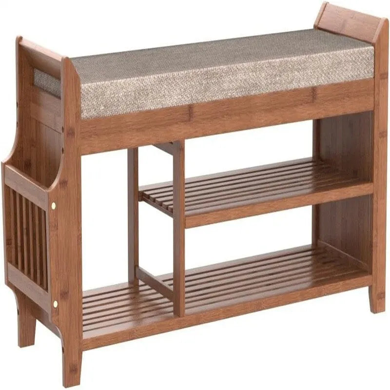 2-Tier Bamboo Shoe Bench with Cushion and Hidden Drawer – 39.4L x 19.7W x 11.8H in