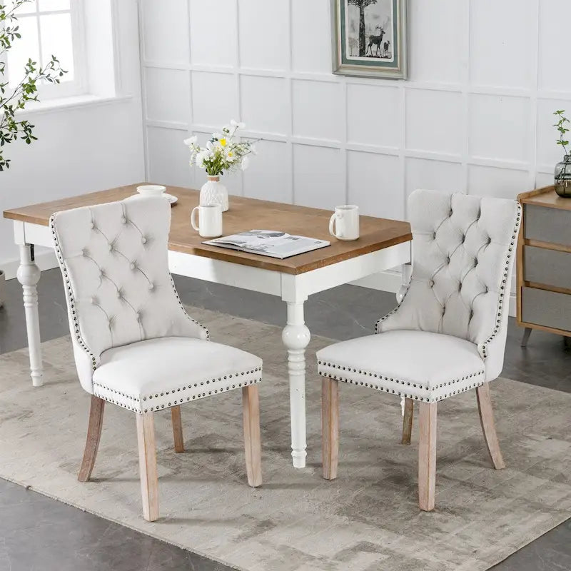 Set of 2 Linen Or Velvet Upholstered Dining Chairs with Nailhead Trim and Wooden Legs