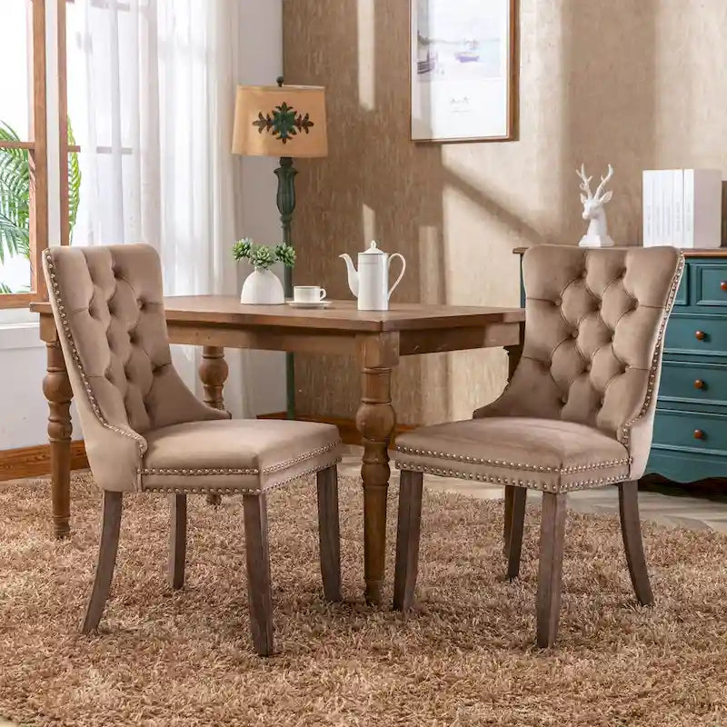 Set of 2 Linen Or Velvet Upholstered Dining Chairs with Nailhead Trim and Wooden Legs