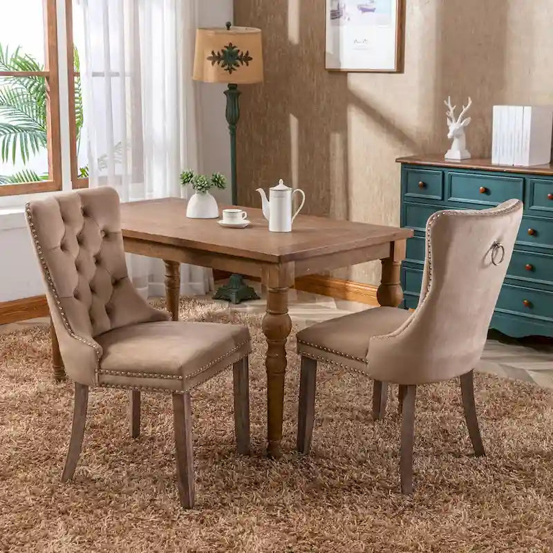 Set of 2 Linen Or Velvet Upholstered Dining Chairs with Nailhead Trim and Wooden Legs