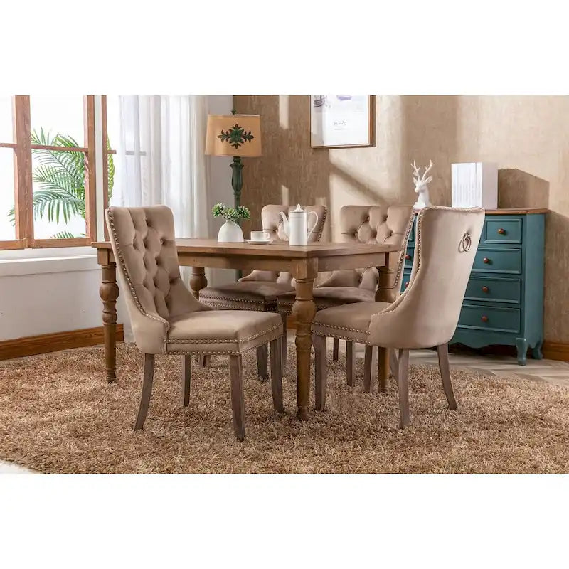 Set of 2 Linen Or Velvet Upholstered Dining Chairs with Nailhead Trim and Wooden Legs