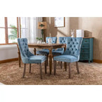 Set of 2 Linen Or Velvet Upholstered Dining Chairs with Nailhead Trim and Wooden Legs