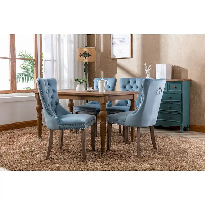 Set of 2 Linen Or Velvet Upholstered Dining Chairs with Nailhead Trim and Wooden Legs