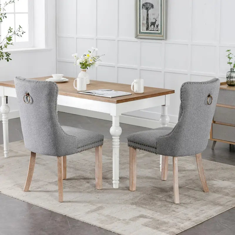 Set of 2 Linen Or Velvet Upholstered Dining Chairs with Nailhead Trim and Wooden Legs