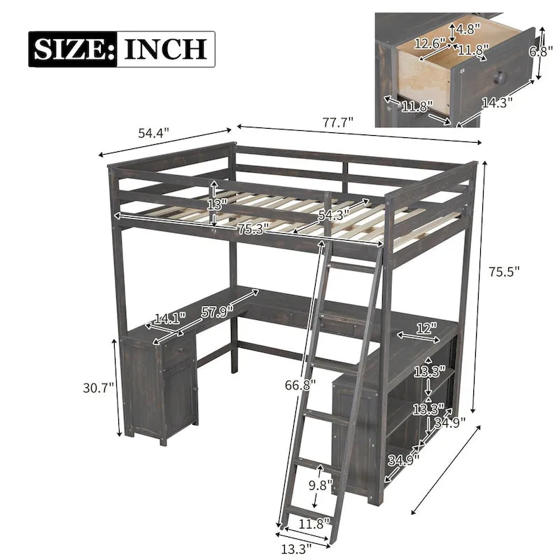 Full Size Loft Bed with U-shaped Desk, Drawers and Storage Shelves
