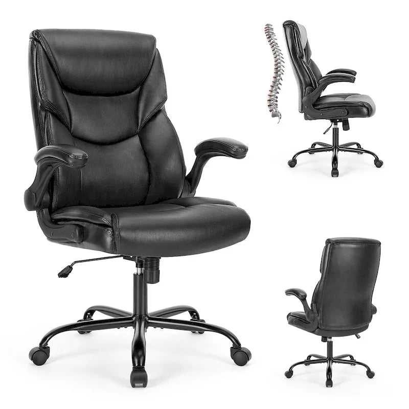 High-Back Bonded Leather Office Chair with Flip-Up Armrests – Adjustable Height 18.11–21.87 in